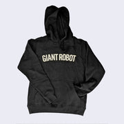 Front view of Black hooded sweatshirt. Across the chest area white text in all caps says giant robot.