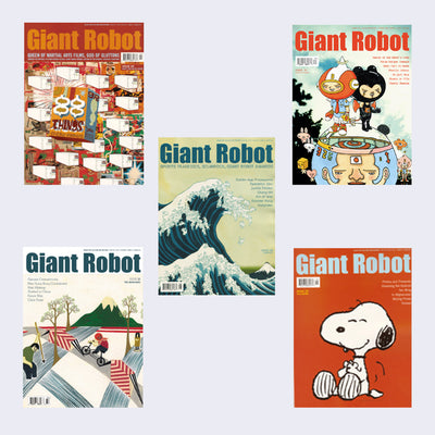 5 issues of Giant Robot Magazine, with varying covers. One can refer to Issues 24, 28, 29, 30, 32