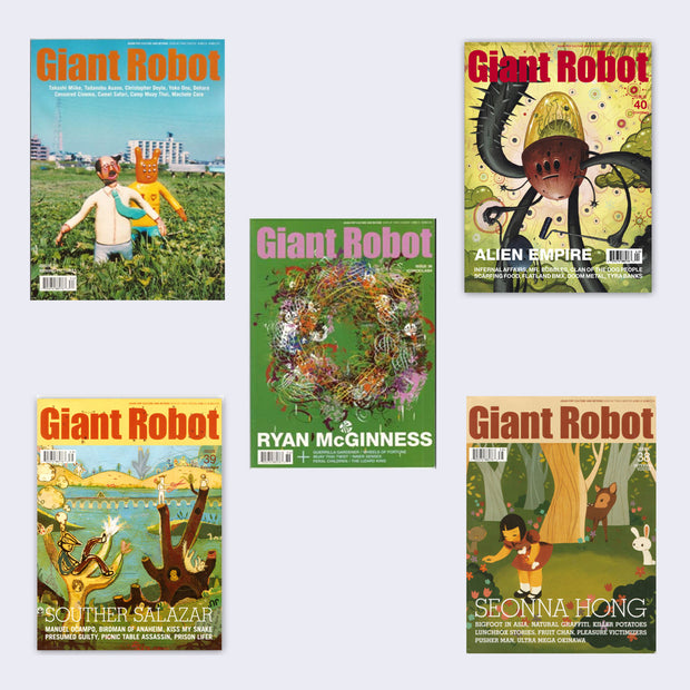 5 issues of Giant Robot Magazine, with varying covers.