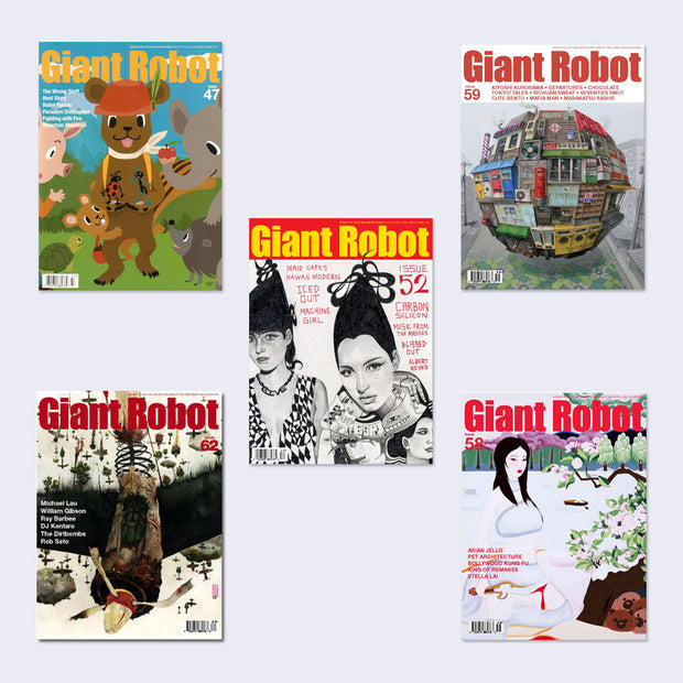 5 different issues of Giant Robot Magazine, with varying cover designs.