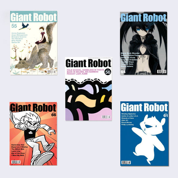 5 different issues of Giant Robot Magazine, with varying cover designs.