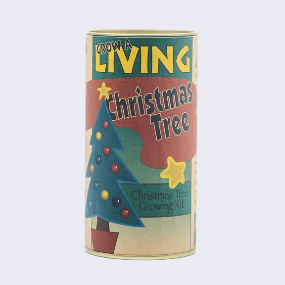 Cylindric can with a cartoon illustration of a Christmas tree with colorful ornaments and a star on top, packaging reads "Grow a living Christmas tree"