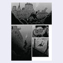 Greyscale comic panel illustration of a man scuba diving and discovering a large sunken ship.