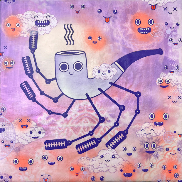 Illustration of a cartoon smoking pipe with a simple emoji face. It has many mechanical arms, the background is purple with white and yellow patterned tie dye elements. Many floating cartoon expressions border the piece.