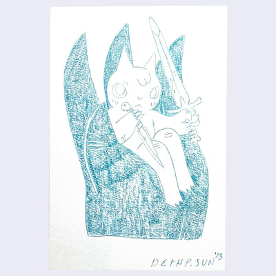 Color pencil drawing of a cat sitting in a large sharp clawed hand, the cat holds a sword in one hand and a dagger in the other.