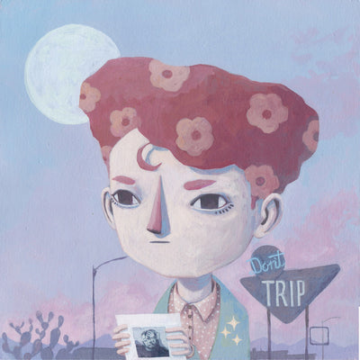 Pastel colored painting of a stylized person with red fluffy hair with a flower pattern, looking forward and holding a CD of Mac Miller's Circles in his hand. The background contains a retro sign that says "don't trip" and a dusky purple and pink sunset is behind with a large moon in the upper left.