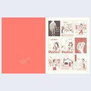 Open two page book spread. Left page is all red with a bloody knife on the ground. Right page is comic panels of a woman accidentally cutting her hand at the farmer's market.