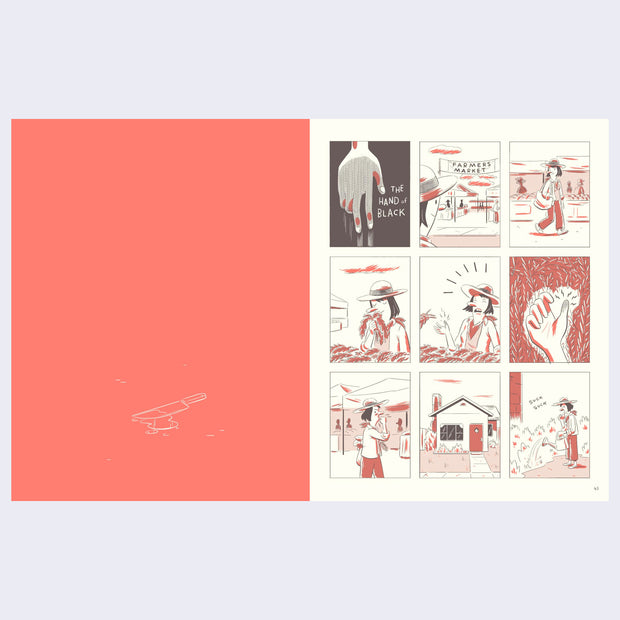Open two page book spread. Left page is all red with a bloody knife on the ground. Right page is comic panels of a woman accidentally cutting her hand at the farmer's market.