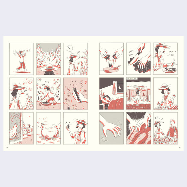 Open two page comic book spread, multiple panels of a farmer's day to day.