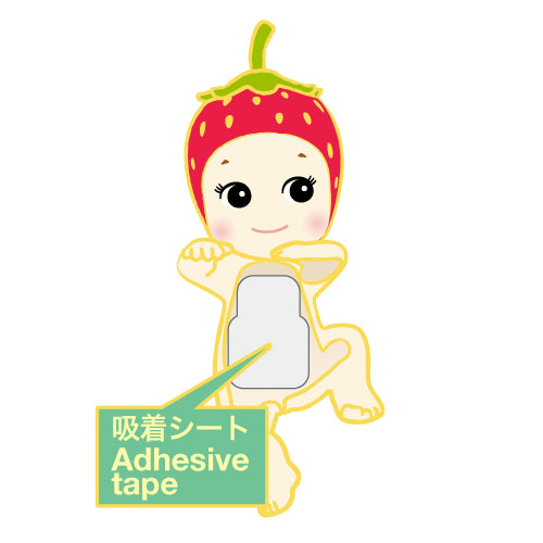 Illustration showing Sonny Angel with flat stomach and adhesive on it, to be stuck to something.