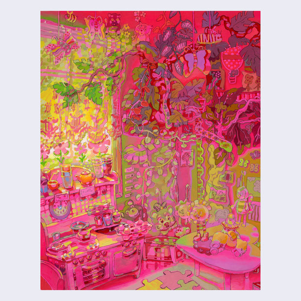 Busy illustrated scene with lots of bright neon pinks and more subtle yellows of a interior children's corner setting, with many toys and play sets around. A large plant hangs from a pot attached to the ceiling.