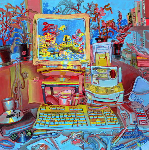 Detailed and highly saturated painting of a desk with an older desktop computer, keyboard, fax machine and scattered papers and office items. An underwater screen saver is up on the screen. Potted plants line the window, which shows an underwater scene behind. Stark blue and red light fill the space.