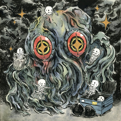 Watercolor illustration of a large, slimy Hedorah with glowing eyes and small skeletons climbing all around it. It stands next to a smaller dumpster against a stormy gray sky.