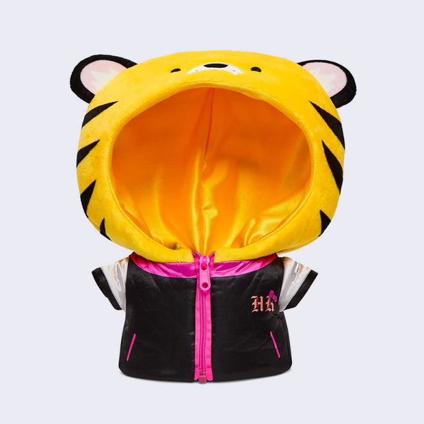 Outfit for Hello Kitty plush, an empty Tiger head hood and a black satin jacket with pink accents.