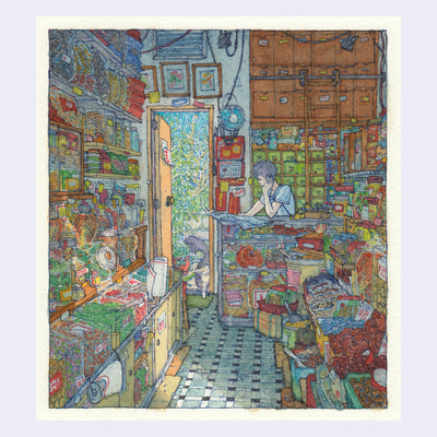 Finely detailed ink and watercolor drawing of a person sitting behind the counter of a very well stocked herb shop, reading a newspaper. The shop has many shelves, canisters, and cabinets filled with various product. The backdoor is open and a fluffy cat walks in.
