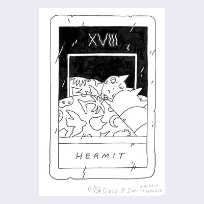Ink drawing on white paper of a mock tarot card, titled "Hermit" and features and illustration of a cat laying in bed, turned to look at itself in the mirror.