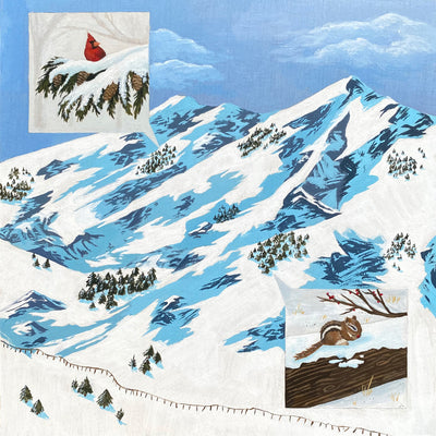 Painting of a large snowy mountain scene with stark blue shadows and many pine trees. 2 thumbnails emerge from the scene, one featuring a Cardinal on a snowy pine branch and the other features a chipmunk on a snowy log.