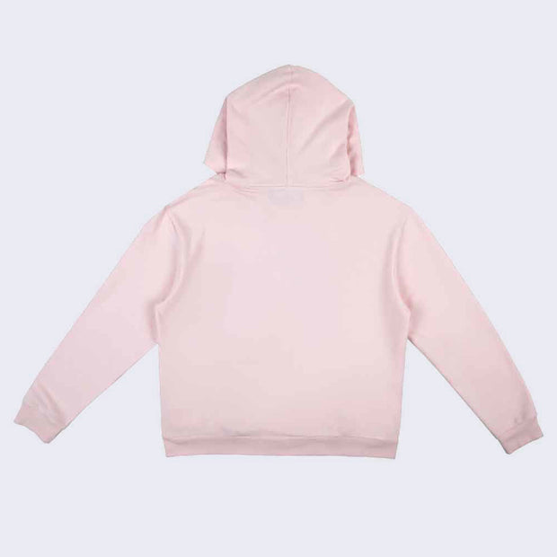 Back view of a light pink hooded pull over jacket.