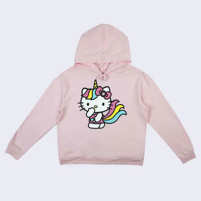 Pink hooded pull over jacket with a graphic of Hello Kitty standing, with one hand touching her face. She has a rainbow unicorn mane that runs down to her tail and a unicorn horn. She wears pink overalls with blue and light pink stars.