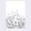 Ink drawing on white paper of a cat standing in a field of plants and cacti. It holds a small house under its arm, which emits smoke from the chimney.