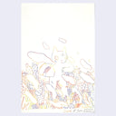 Drawing using a rainbow pencil, which transitions from color to color all in the same line.  A cat stands in a field of plants and cacti and holds a small house under its arm, with a cloud of smoke coming from the chimney.