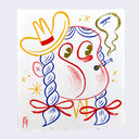 Simple colorful painting of a stylized cowgirl with a cowboy's hat, braids and smoking a cigarette that puts out a cartoon cloud smoke with an angry face.