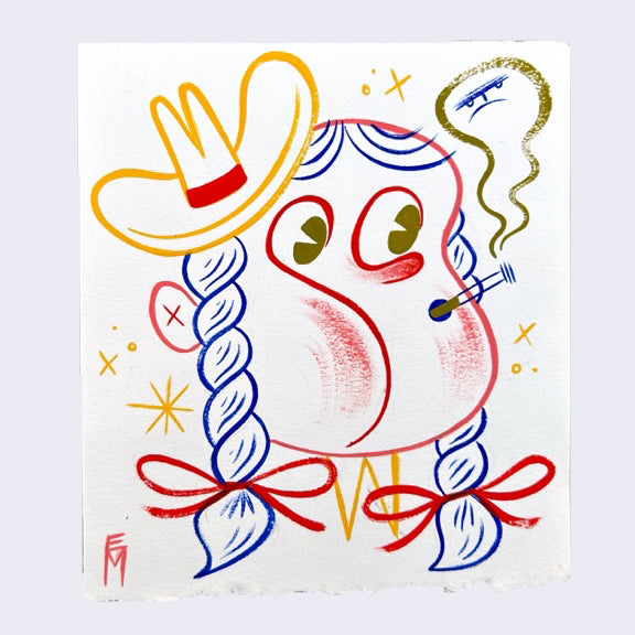 Simple colorful painting of a stylized cowgirl with a cowboy's hat, braids and smoking a cigarette that puts out a cartoon cloud smoke with an angry face.