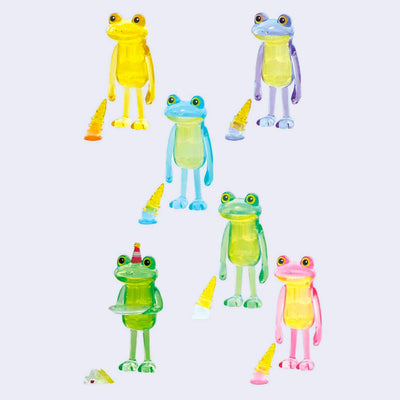 6 different colored frogs, semi translucent, standing on their legs like humans. They all have their arms placed down to their side and have a overturned ice cream cone next to them on the ground. One has a slice of splattered cake, which is the special design.