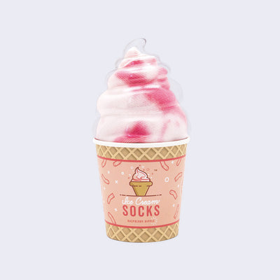 Novelty product packaging of an ice cream cone, with a clear lid that shows a swirl of white and tie dye pink that are actually socks. Wrapping around the cone cup says "Ice Cream Socks"