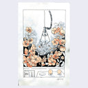 Watercolor illustration of the interior of an arcade claw machine, filled with orange flowers. A small girl holding a flower is getting pulled up by the crane.