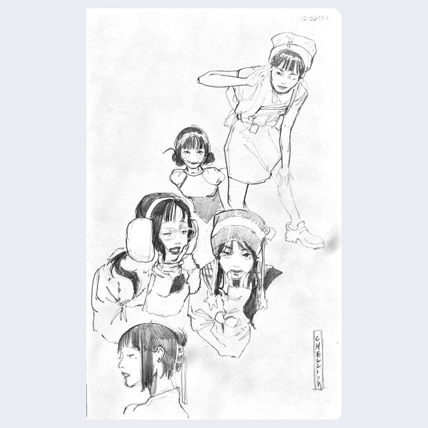 Pencil sketch on white paper of many different girls, with different types of headwear and outfits.