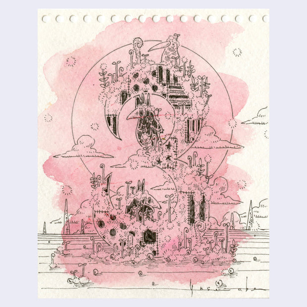 Ink drawing over pink watercolor of a large number 3, decorated with patches of different patterned fabrics. Plants and weeds grow off of it and figures with plague masks sit atop of it.