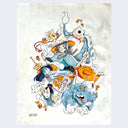 Watercolor illustration on white paper of a girl with conical hat. All around her are mystical looking animals and elements, such as a pig chef, a blue devil spirit and many clouds and fish.