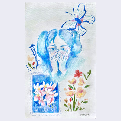 Color pencil illustration of several sketches together, including a blue girl with pigtails, a blue floral stamp that reads "Philippines". Several flowers are around the piece with a large blue butterfly atop.
