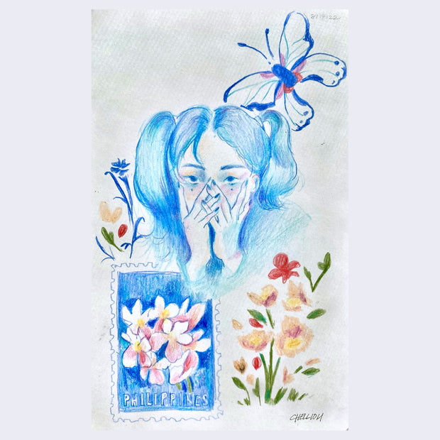 Color pencil illustration of several sketches together, including a blue girl with pigtails, a blue floral stamp that reads "Philippines". Several flowers are around the piece with a large blue butterfly atop.