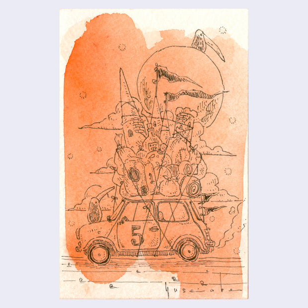 Ink drawing over a swatch of orange watercolor. A small car with the number 5 written on its side drives with a large stack of items strapped to the roof. Objects include bags, bottles, luggage and the top of a castle.