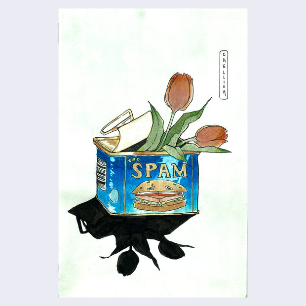 Watercolor illustration of a opened spam can, with 2 red tulips placed inside of the can.