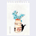 Watercolor sketch of a bottle of Yakult, with some blue flowers growing out of the top.
