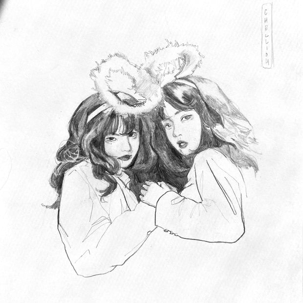 Graphite sketch of 2 well rendered girls, wearing matching white sweatshirts and holding hands. They both have fluffy white halo headbands over their heads.