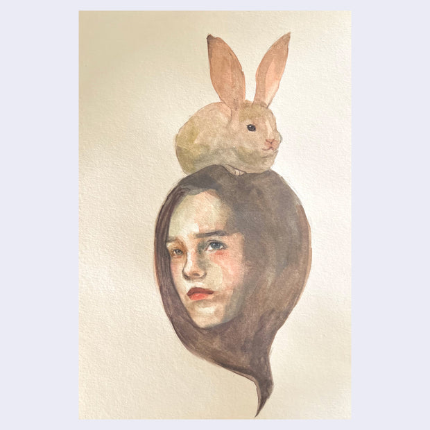 Painting on cream color paper of a woman's head with long brunette hair. She looks off to the side seriously and has a large eared bunny atop her head.