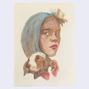 Painting on cream color paper of a woman's face with a blue headscarf and floral pin atop her head. In front of her is a smiling puppy's head wearing a red bowtie.