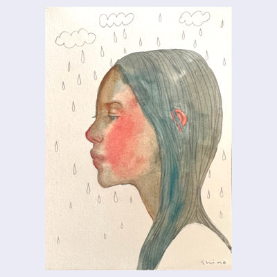 Painting on cream colored paper of a pink cheeked woman, looking off to the left with straight blue hair. Around her are pencil sketches of clouds and raindrops.