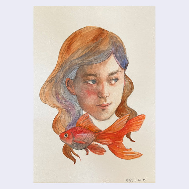 Watercolor illustration on cream color paper of a young girl's face, looking off to the side with wavy hair. In front of her face is a orange goldfish.
