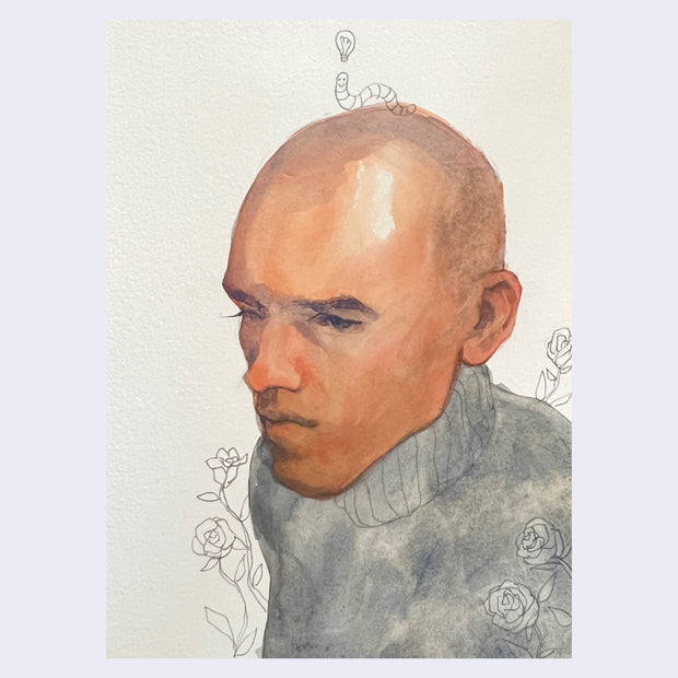 Painting on cream color paper of a bald man in a gray turtleneck. Around him are pencil scribbles, including flowers and a small worm atop his head.