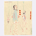 Ink drawing on tan paper of 3 large part fish, part human monsters with female heads. They hang from sea vines with their mouths hooked.