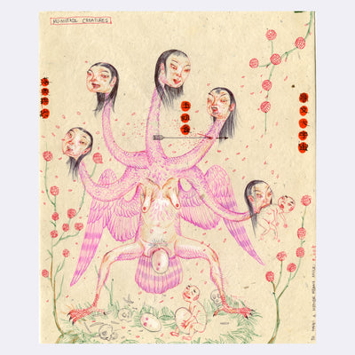 Ink drawing of a large pink bird monster, with 5 female human heads. Their actual body is the same as a woman's, with the legs spread open and an egg being birthed. 
