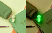 Smiski attached to a zipper pouch, sitting and hugging their knees. One photo shows Smiski regularly and the other glows in the dark.