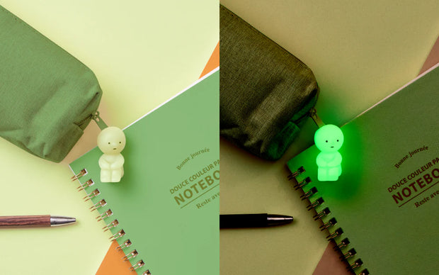 Smiski attached to a zipper pouch, sitting and hugging their knees. One photo shows Smiski regularly and the other glows in the dark.