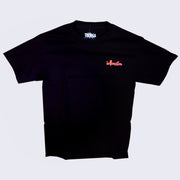 Front side of black t-shirt. Small red logo on left chest says information.