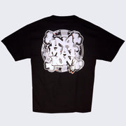 Back side of black t-shirt. Oversized chunky information logo over a houndstooth patterned crossbones.